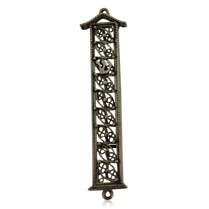 Sterling Silver Mezuzah with House Design, Leaves and Hebrew Text