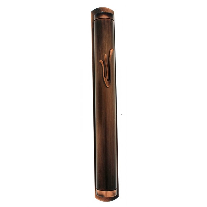 Copper Colored Pewter Mezuzah with Stylized Hebrew Letter Shin