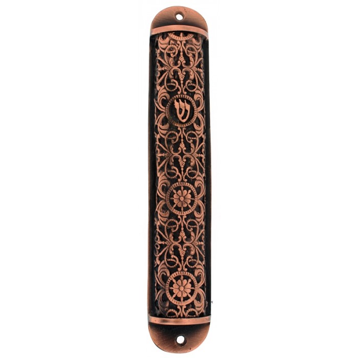 Copper Colored Pewter Mezuzah with Scrolling Line Pattern