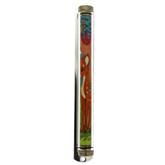 Children’s Mezuzah with Painted Cartoon Deer and Forest for 12cm Scroll