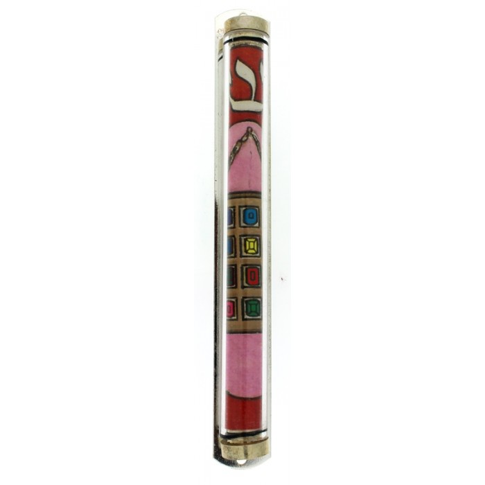 Children's Mezuzah with Painted Hoshen and Hebrew Letter Shin for 12cm Scroll