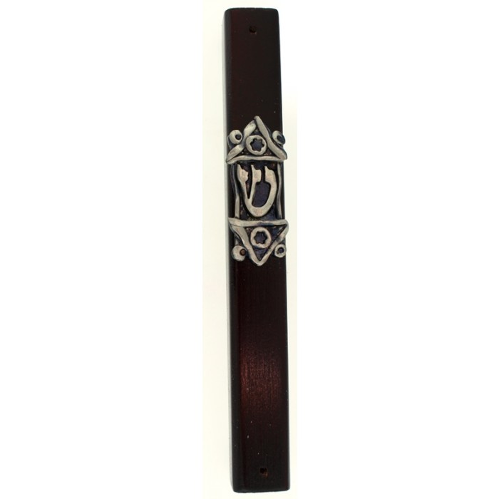 Wood Mezuzah with Ornament and Hebrew Letter Shin