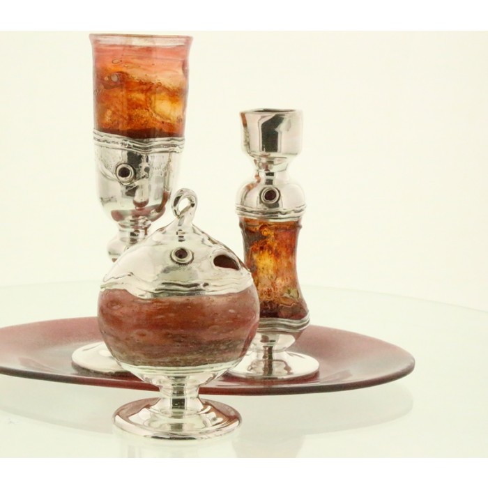 Sterling Silver and Red Stained Glass Havdalah Set with Red Crystals