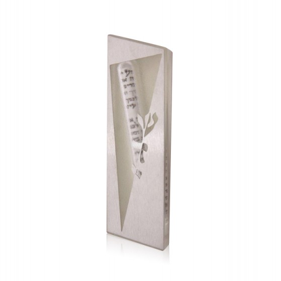 White Crystal Mezuzah with Silver Applique Coat and Hebrew Text
