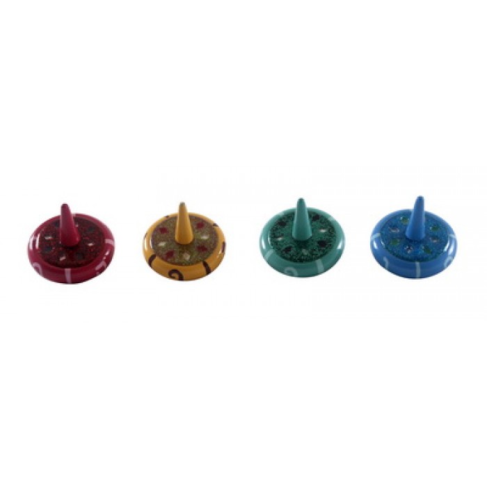 Round Wood Dreidels in Bright Colors with Hebrew Text (4 Pack)