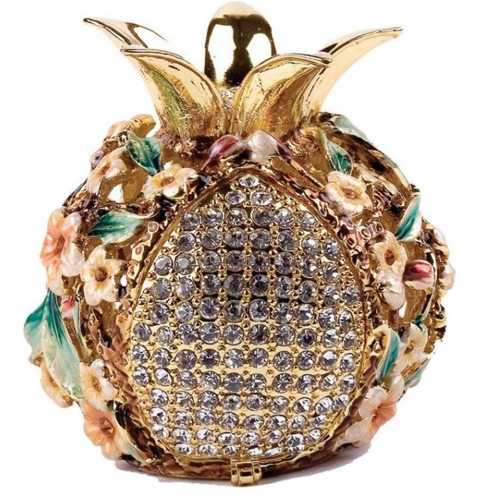 Gold Plated Pomegranate Spice Holder with Crystals and Floral Pattern