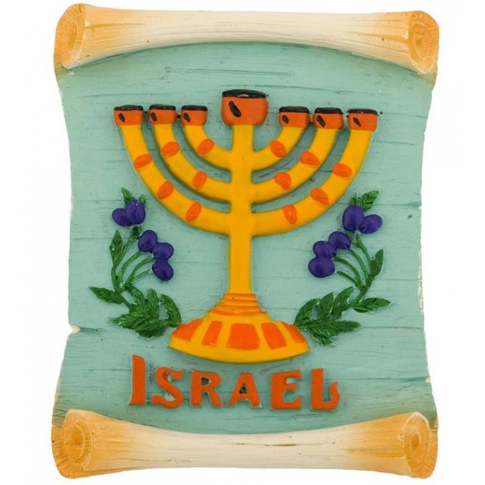 Ceramic Magnet with Green Background and Seven-Branch Menorah