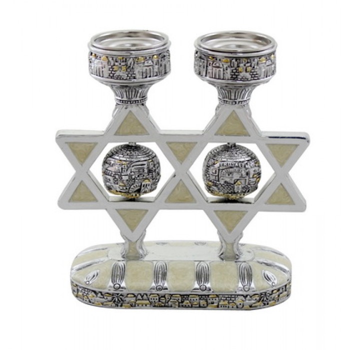 Silver Polyresin Shabbat Candlesticks with Jerusalem and Stars of David