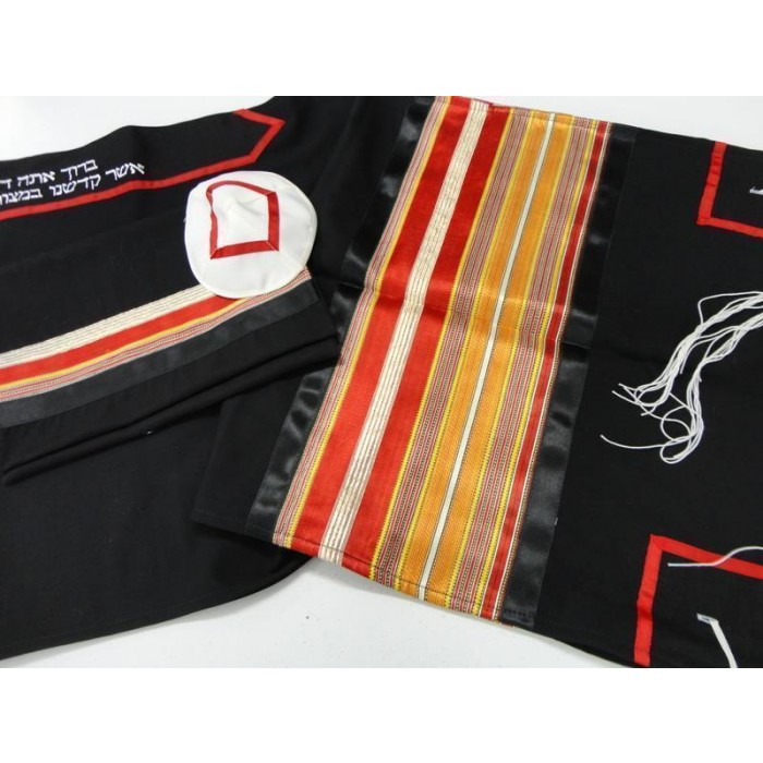 Black Tallit with Red and Gold Stripes by Galilee Silks
