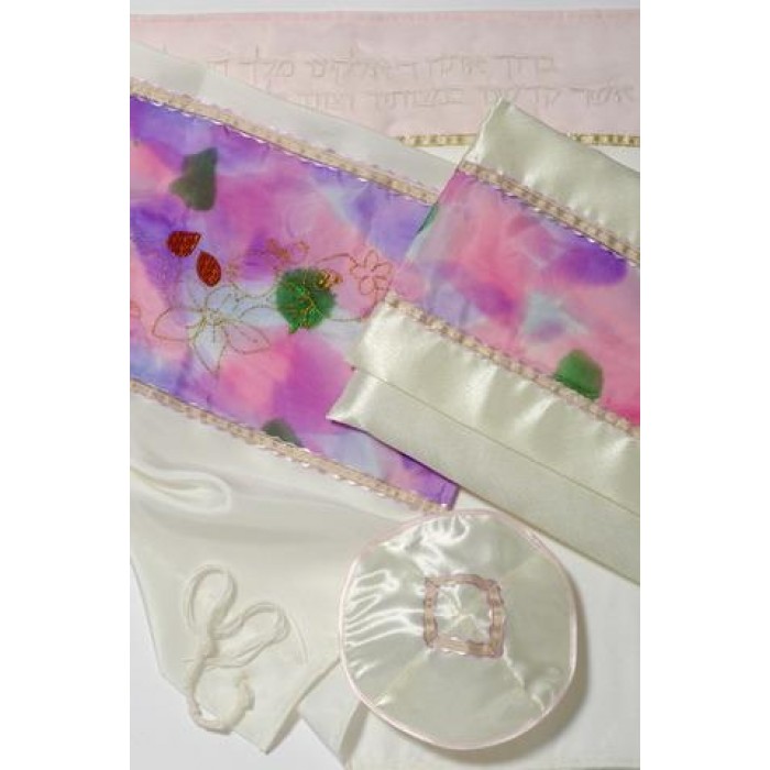 Women’s Tallit with Flowers, Fruit and Trees in Pink by Galilee Silks