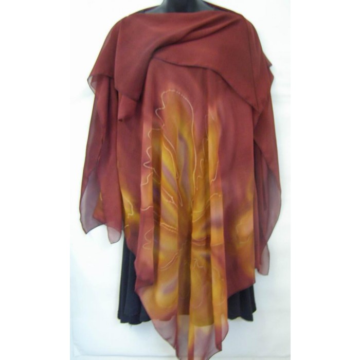 Burgundy & Gold Poncho with Floral Design by Galilee Silks