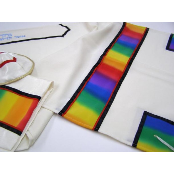 White & Rainbow Colored Tallit by Galilee Silks