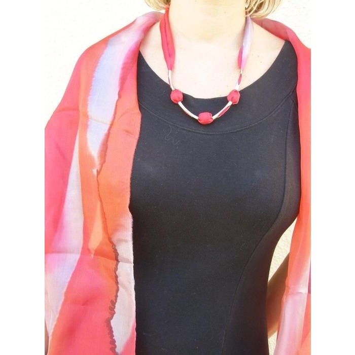 Red Silk Scarf with Pale Pink and Orange by Galilee Silks
