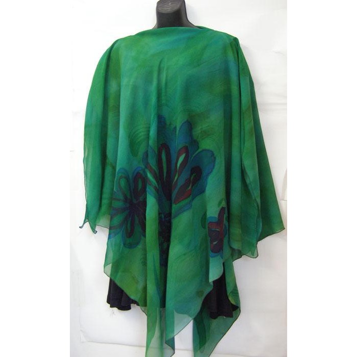 Green Silk Poncho with Blue Flowers by Galilee Silks