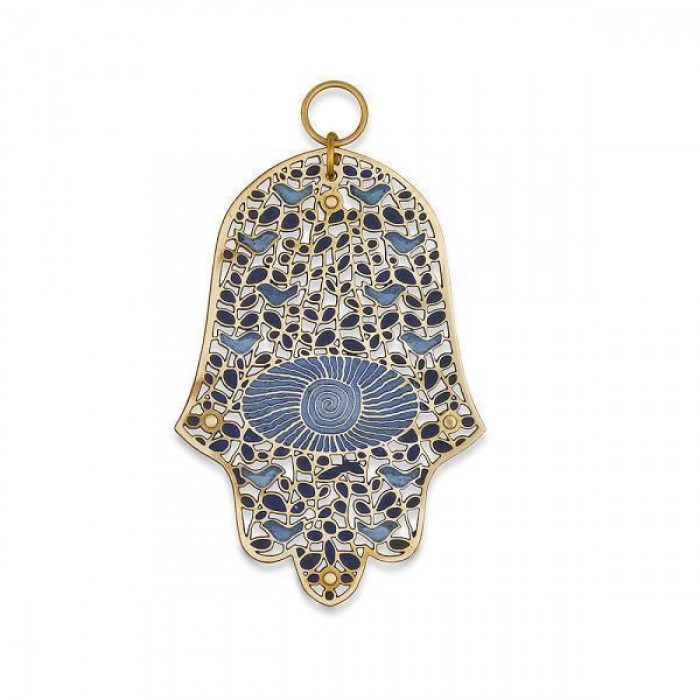 Brass Hamsa with Blue Birds, Leaves and Large Eye