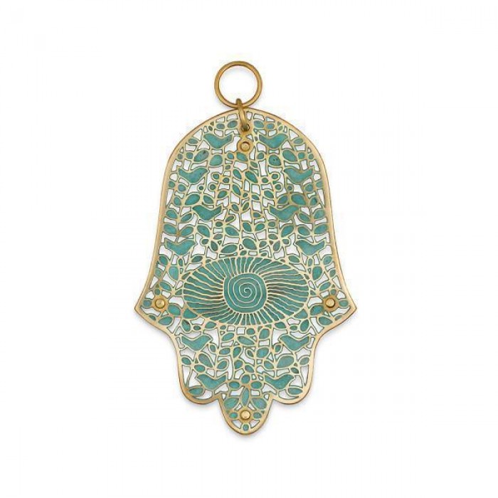 Brass Hamsa with Patina-Colored Jungle Design and Large Eye