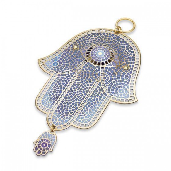 Brass Hamsa with Purple Mosaic and Hanging Hamsa Charm