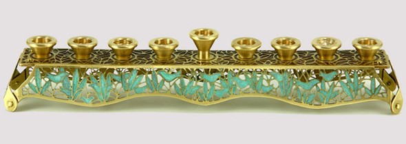 Brass Hanukkah Menorah with Doves and Feather Ornaments in Patina