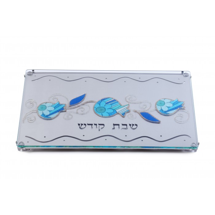 Glass and Stainless Steel Challah Board with Blue Striped Pomegranates and Flowers
