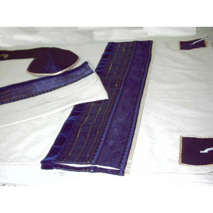 Woolen Tallit with Blue Band with Gold Thread and Patterns by Galilee Silks