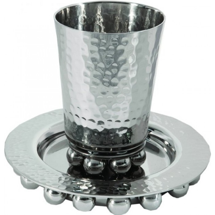 Yair Emanuel Nickel Kiddush Cup with Saucer, Hammered Pattern and Silver Orbs
