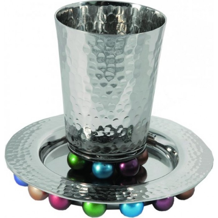 Yair Emanuel Nickel Kiddush Cup Set with Bright Orbs and Hammered Pattern