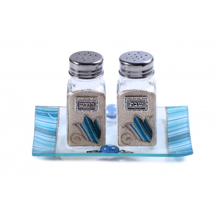 Glass Salt and Pepper Shaker Set for Shabbat with Blue Stripes and Flowers
