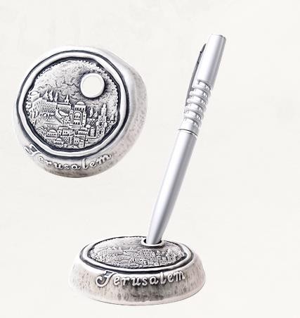 Silver Pen Holder with Old City of Jerusalem Medallion and Important Landmarks