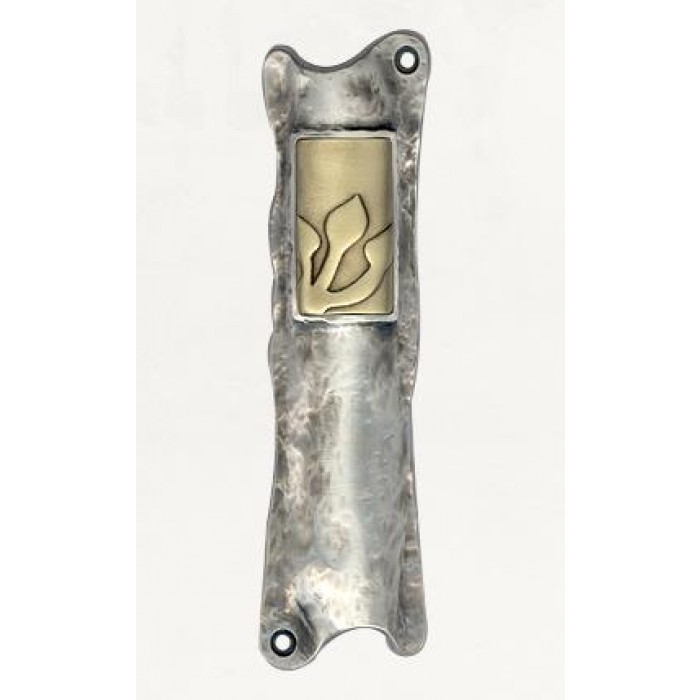 Silver Mezuzah with Brass Rectangular Ornament and Inscribed Hebrew Letter Shin