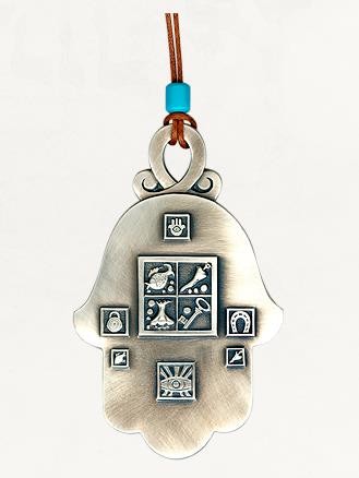 Silver Hamsa with Blessing Symbols, Leather Cord and Turquoise Bead