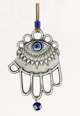 Silver Hamsa Wall Hanging with Modern Evil Eye Design and Hanging Bead