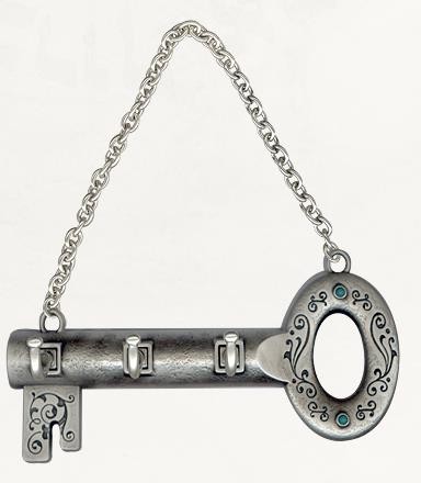 Silver Key Wall Hanging with Key Hooks and Scrolling Lines