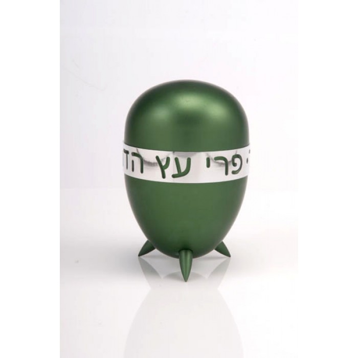 Green Aluminum Etrog Box with Cutout Hebrew Text and Polished Stripe