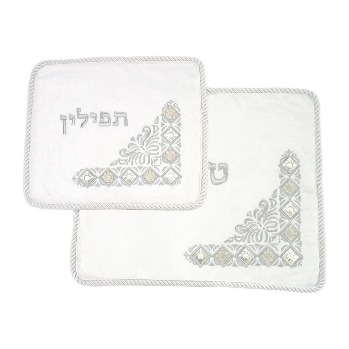 White 28x35 cm Tallit and Tefillin Bag Set with Floral Pattern and Silver Plates