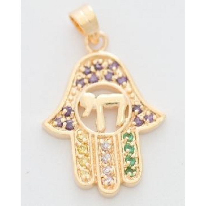 Pendant with Hamsa and Chai in Gold Plated with Mix of Stones