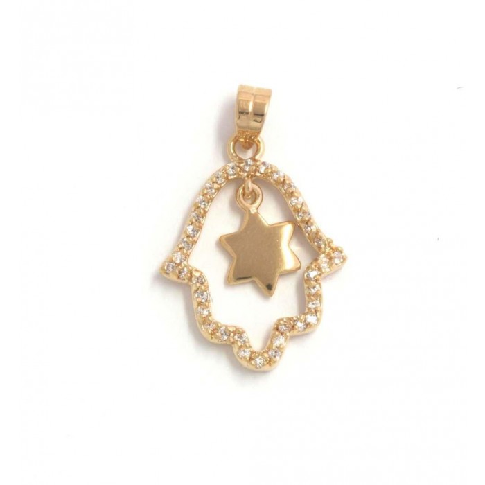 Gold Plated Hamsa Pendant with Star of David and Zircons