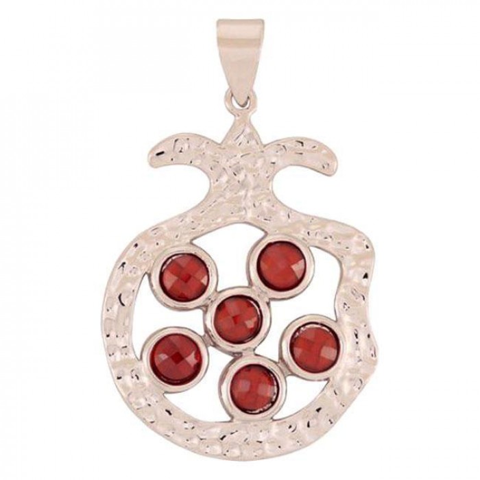 Rhodium Plated Pomegranate Pendant with Garnet Stones
