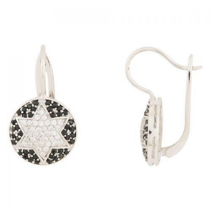 Star of David Lever-Back Earrings with Black & White Zircon Stones