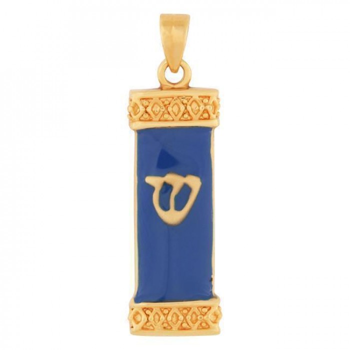 Gold Plated and Blue Crystal Enamel Mezuzah Pendant