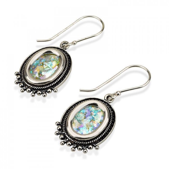 Silver Earrings with Oval Design and Roman Glass