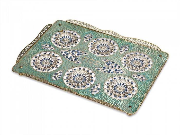 Seder Plate with Mosaic Pattern in Green and Blue