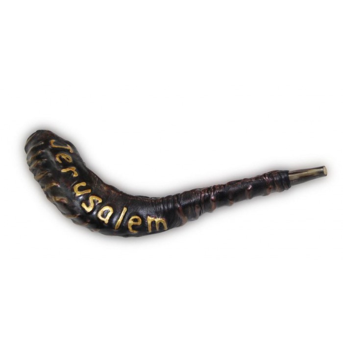 Ram Horn Shofar with Leather and Golden Jerusalem Text