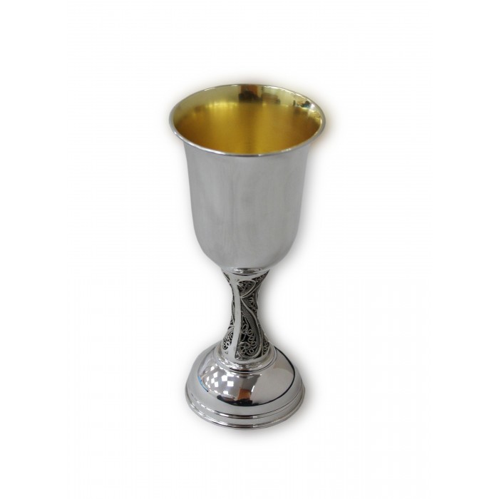 Silver Kiddush Cup with Filigree Stem and Smooth Design