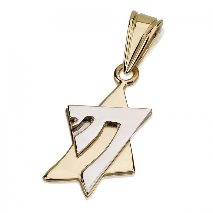 Star of David with Overlying Chai Pendant in 14k Yellow Gold