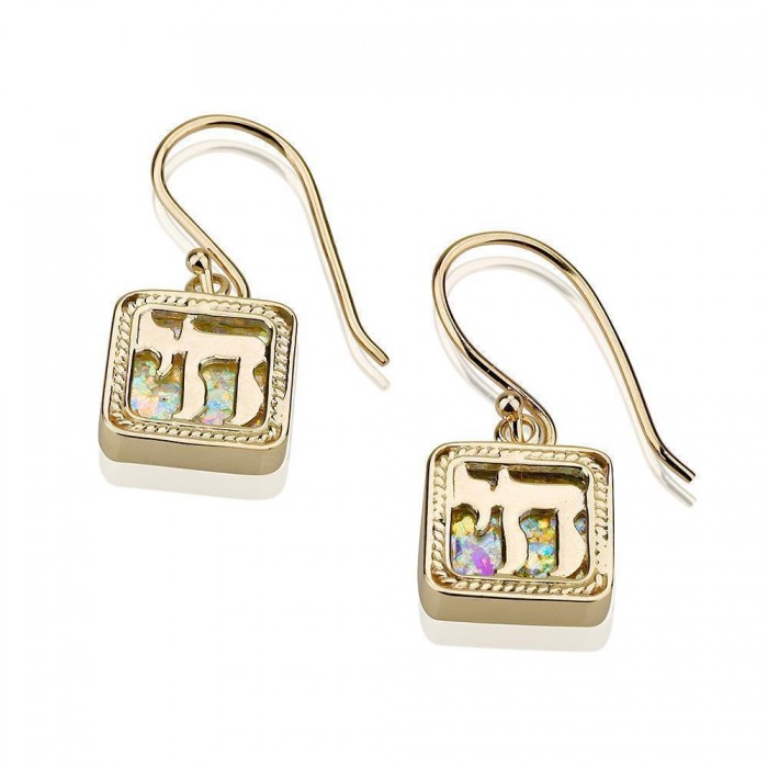 Earrings with Chai Embossing and Roman Glass in 14k Yellow Gold