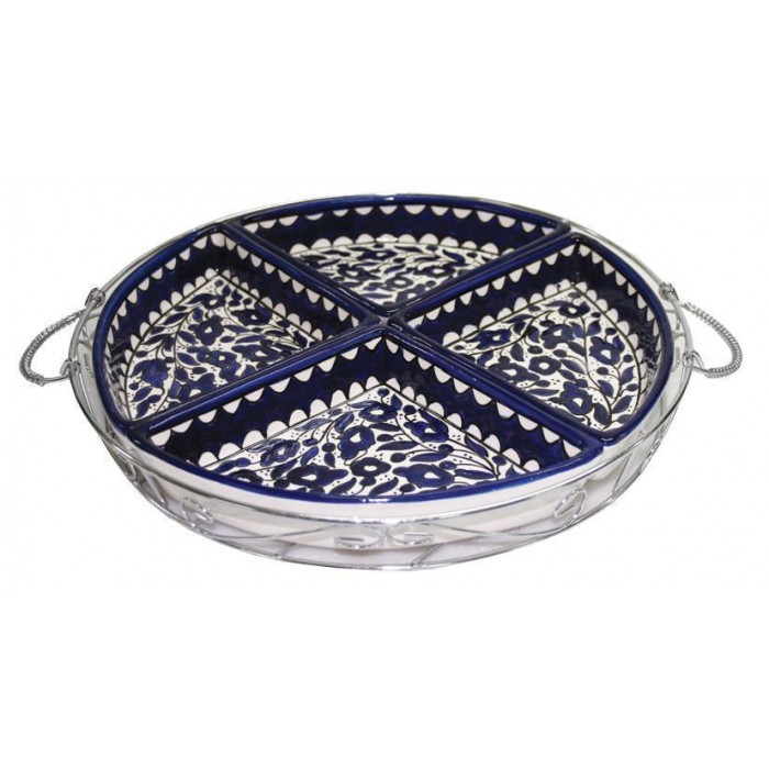 Armenian Ceramic Pie-Shaped Lazy Susan Set with Blue Floral Motif