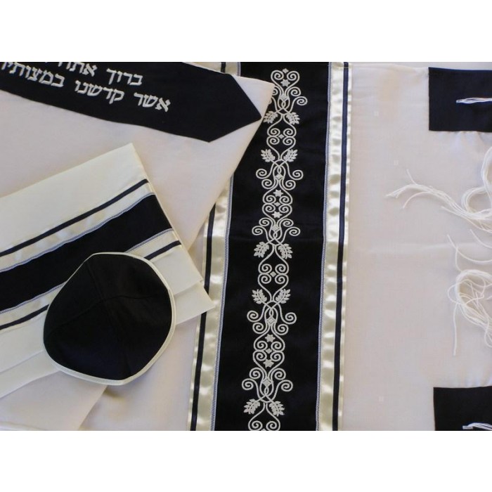 Tallit in White with Black & Gray Pattern by Galilee Silks