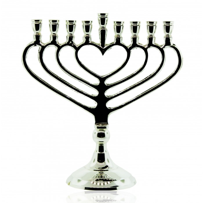 Menorah with Slender Heart-Shaped Branches in Silver