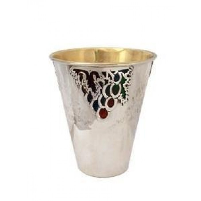 Kiddush Sterling Silver Cup with Grapevines in Green and Red Enamel by Nadav Art

