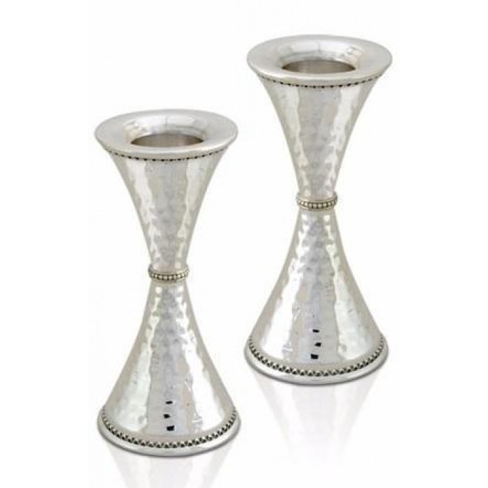 Shabbat Candlesticks with Filigree Decorations & Hammered Design in Silver by Nadav Art